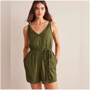 NWT Boden Grecian Playsuit Romper Green Metallic Gold Striped Pockets D0674 12